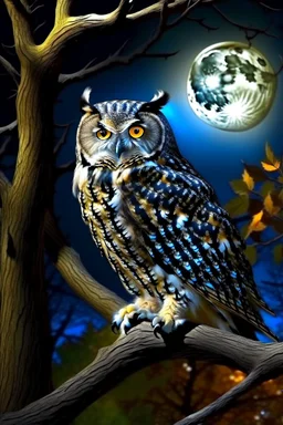 a horned Owl sitting on branch in oak tree with full moon behind it