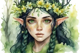 fantasy watercolor portrait of a young female forest druid elf with bright green eyes, black hair with a few small green braids. wearing a crown of blossoms. yellowish-brown skin and green freckles. background primeval forest