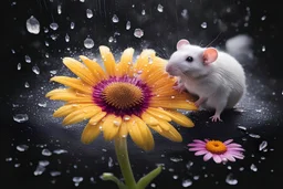 create a high definition image of raining scenery where a mice is under a flower soaking wet in a crystal style art mice is looking up the rain drops from the colourful daisy flower petals with black background