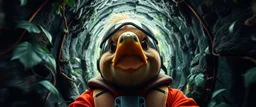 hyper sonic space warp through jungle tunnel crash pilot ,weird experiment gone wrong perspective close up portrait of dj shrimp beaver smug duck pilot looking down on cam, with background in the style of escher and giger, a chill contrapunctus fugue in the style of fsol, beethoven, goa trance breaks, dancefloor drum and bass,