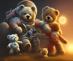 little boy and big teddy bears on moon. oil on canvas