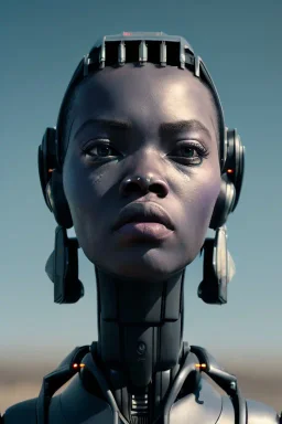 Beautiful portrait of african robot girl post-apocalypse robots in a cyberpunk city, sci-fi fantasy style, 8k,dark