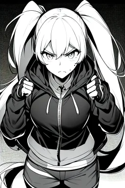 blonde girl with ponytails dressed in a jacket and shorts walks angry, greyscale