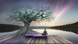 back to the camera a figure sittings on amorph bench in a beautiful landscape and overlooking the water of the nearby lake, calm, harmonious atmosphere, muted dark colors, purple, white, gray, green, blue, brown, silver, and pale colors, ,not too colorful colors, Whimsical style and giant stunning neuron network all over the sky, half shadow and half light picture, surreal stunning vibe