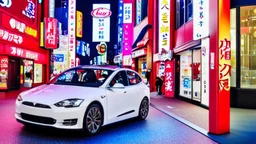 A Tesla's 'Model S Plaid' is doing donuts, within the 'Universal Studios Japan', in Osaka. CINEMATIC. WIDE ANGLE LENS. PHOTO REAL.