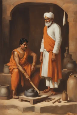 A Indian blacksmith seat on ground and work something with a Indian king standing in front of him and a bag of sandalwood on one side, the king pointing towards the Bag.