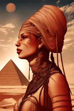 kleopatra, beautiful woman , detail on face. with pyramids on backround. On the sky is red sun