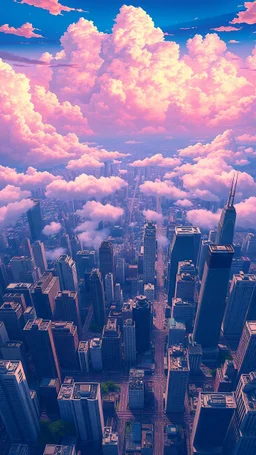 Top view of a big city , very high , vibrant clouds ,anime
