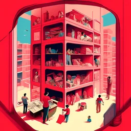 A vertical cross section of a multi-story building showing various rooms and inhabitants, including a person in a red shirt reading at a desk, another person dressed in pink washing clothes, and an elephant in a room with a red wall, with a sky sunny outside