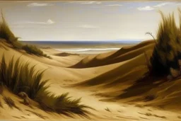 Brown sandy dunes near a beach painted by Leonardo da Vinci