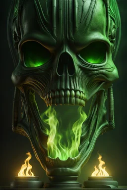 Flameskull. green fire. burning eyes. full body shot. h. r. giger. fantasy and horror setting, Cinematic lighting, Volumetric lighting, Epic composition, Photorealism, Very high detail, Character design, Unreal Engine, Octane render, HDR, Subsurface scattering, fantasy art,