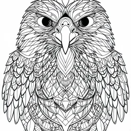 Hawk, front view, mandala, minimal lines, cartoon, white back ground color, real style, realistic, minimalistic, minimal black line art, line art, crisp line art, unique coloring sheet, outlined, outline, crisp, crisp line edges, illustration, thin lines, crisp clear lines, line art, clean line art, unique, 8k, amazing, masterpiece, no colors, no dark color, no black color, avoid thick black, minimalistic line edges, pure white back ground, image character full fit to page,