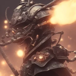 close-up of a insect with samurai armor breathing out smoke in a low-light japanese city street with laterns, realistic, steampunk, 3d-art, futuristic, minimal design, unreal engine