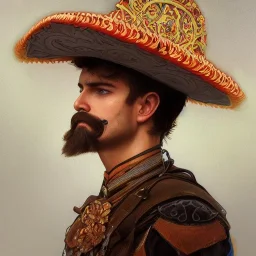 portrait,"Insanely detailed photograph of a mustachioed crossbowman", charo detailed, sequenced Sombrero, detailed D20 flair, digital painting, artstation, concept art, smooth, sharp focus, illustration, art by artgerm and greg rutkowski and alphonse mucha, 8 k