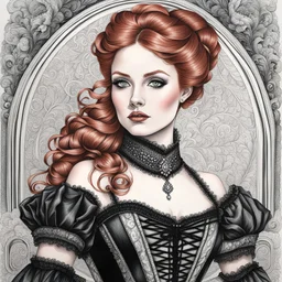 detailed pen drawing of a athletic petite pale russian redhead woman 30yo, long eye lashes, eye shadow, eye liner, Wearing A victorian Corset Dress
