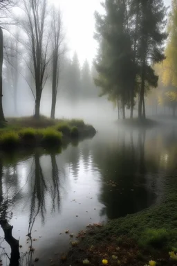 Circle pond, soft fog, with light breaking through, tall white birch trees, and a stone path flanking both sides of the pond going up to a gazebo