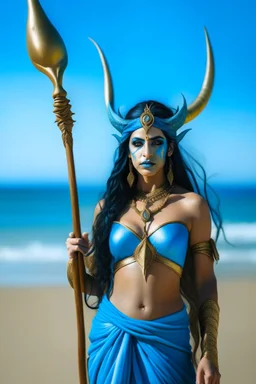 A picture of a beautiful blue faced indian goddess with skin painted blue, blue painted body, blue painted torso, wild black hair, stag antlers, elven ears, golden skirt, holding a staff on a sunny beach