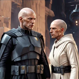 star wars bald male corellian jedi pilot wearing black and gunmetal grey old republic armored robes with gold trim, alone, battle-ready Jedi Master defending a ruined ancient city surrounded by golden light, centered head and shoulders portrait, hyperdetailed, dynamic lighting, hyperdetailed background, 8k resolution, volumetric lighting, light skin, fully symmetric details