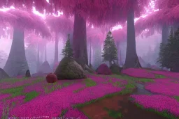 Fantasy dreamworks Paysage forêt maison dans les grands arbres avec champignons roses et une rivière bordée de grandes fleurs roses, lumiere volumetrique, unity engine