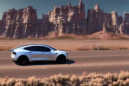 A Tesla 'Model Y' is going at a high speed, near the 'Devils Tower' in Wyoming. (CINEMATIC, WIDE ANGLE LENS, PHOTO REAL)