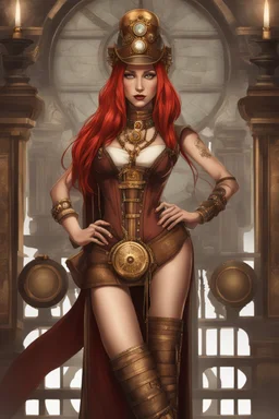 full body and headshot of a skinny Cleopatra, with long straight red hair, standing in a steampunk setting.