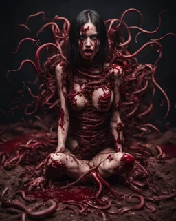 Petit weird woman with many worms from his body, sit pose, fullbody, splashes blood, behind guts rising from the ground, darkred tones, macro photography,