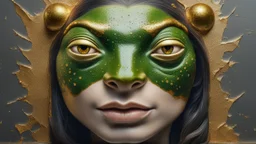 Portrait of a beautiful glamorous frog woman, textured and cracked paintings with golden spots, 3D, 8K, best quality, fine drawing, high detail, hyperrealism, high resolution, high definition, multi-layered, highest focus, hyper sharpness, hyperfocus, vignette
