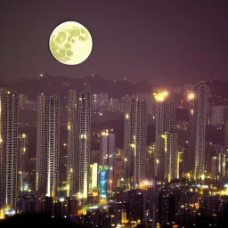 There is a full moon over the tall buildings in Seoul, night scene.