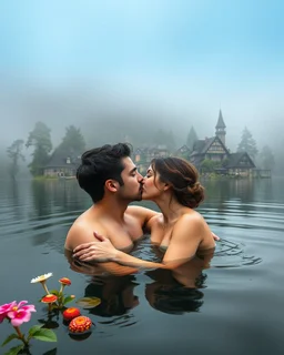 Portrait Romantic European couple swimming kissing together in lake Wonderful landscape fantasy early morning heavy fog photography art Rivendell village,lake,magical forest and houses,beautiful mushrooms,roses flowers,little waterfall,lake,close up photo beautiful romance couples on swimming together in lake