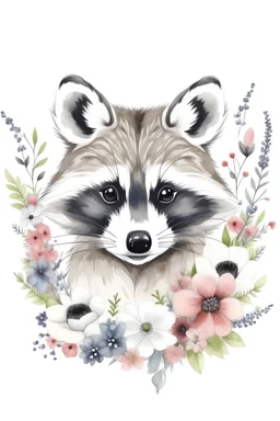 Typography portrait of a raccoon with flowers around her on a white background.