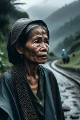 Gambar wanita Indonesia sedang hujan dijalan pegunungan