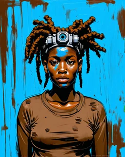 arafed minimal crude sketchy, abstract acrylic and ink painting: gritty post-apocalyptic portrait of a Black woman with dreadlocks and a mechanical headpiece. Her crude and vague face features dirt and bright blue paint. She wears distressed brown clothing against an abstract background of vertical cyan and brown paint streaks