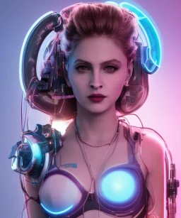 Artist, young madonna, android woman, glow iris, piercings, sweet, long blonde, white skin, long eyeliner, glow pink cheeks, glossy lips, color leds lights, cables, short hair, circuits, cyberpunk, latex coat, cyber punk, neon, portrait, studio photo, unreal engine 5, soft color, 16 bit, god lights, ray tracing, RTX, lumen lighting, ultra deatail, volumetric lighting, 3d, finely drawn, hd.