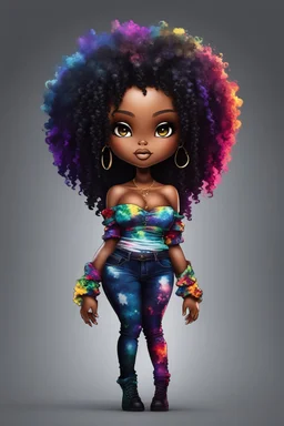 create a colorful abstract silhouette art image 8k of a chibi curvy black female wearing torn jeans pants and a black tie dye off the shoulder blouse. Prominent make up with hazel eyes. Highly detailed long tight curly afro in a hair wrap.