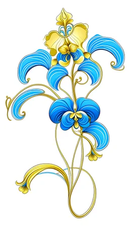 orchid with stem in blue and gold on a white background in deco style