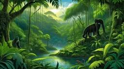 central African rainforest with dense vegetation and forest clearings, winding jungle river reflecting sunlight, gorillas near the water, colorful birds in the canopy, towering tropical trees and thick vines, warm humid atmosphere, naturalist illustration style, highly detailed