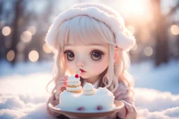 cute chibi girl eating snowcake in sunshine ethereal, cinematic postprocessing, bokeh, dof