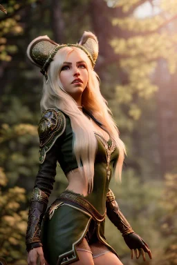 Druid character, young woman, cougar ears, cougar tail on lower back, blonde hair, long hair, green eyes, scars on body, animal hide armor, waist up portrait, 4k resolution, intricate details, ornate details, soft lighting, vibrant colors, retroanime, masterpiece, intricate eyeliner, dark eyeshadow, eyes, intricate tattoos, natural background
