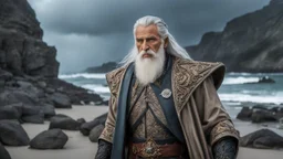 The stately and wise sorcerer named Pealda Stormbringer is walking on a rocky beach looking at a stormy ocean. He is dressed as a lord. He has grey hair and a white beard. beautiful light brown leather gloves. no jewelry. everything is intricately sculpted, exquisite realism, fantasy art, identical eyes, perfect face, Epic cinematic brilliant stunning intricate meticulously detailed dramatic atmospheric maximalist digital matte painting