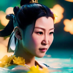 Chun-li underwater with yellow flowers for hair, closed eyes, rtx, reflection, 8k, glow, winning photography, caustics