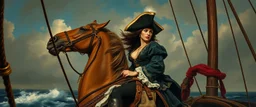 pin hole cam, master oil painting by Rembrandt, good afternoon scary hot seductive piratress merchant swashbuckler on stallion on ship