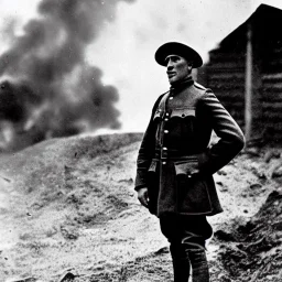  WW1 Era Soldier looks at a battlefield that is on fire