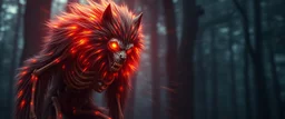 radiant Werewolf thick Skeleton with lotsa fluffy fur, motion blur background dark forest