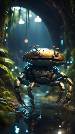 crab robot chivalry knight with cute face in dark lit reflective wet jungle metallic hall dome hotel tunnel, in the style of fallout 4 game,bokeh like f/0.8, tilt-shift lens 8k, high detail, smooth render, down-light, unreal engine, prize winning