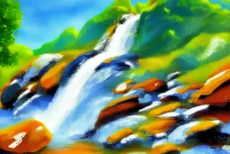 Sunny day, waterfall, rocks, impressionism painting