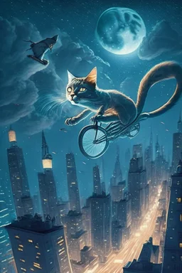 A pedaling cat riding a bicycle is flying at night in the sky over tall buildings.