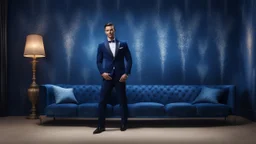 Hyper Realistic Handsome-Muscular-Man-with-little-smile Wearing Navy-Blue-Velvet-Tuxedo standing in a dark-room with blue-patterned-vintage-wall & glowing-blue-water-splashes on the floor with fancy-navy-blue-couch-&-fancy-lamps-on-wall