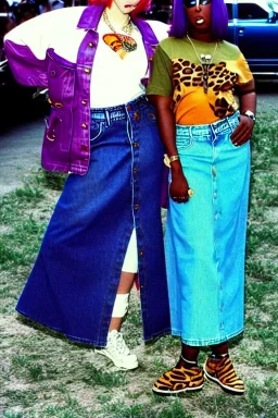 year 1996 denim fashion. Loose skirt, low waist. Colors: denim blue, blue, purple, cream, khaki, light green, lilac, plum, orange, terracotta, red, light yellow, pink, dark blue, beige. Latex in small part. Cheetah pattern. Gwen Stephani, Missy Elliot, Shirley Manson.Cargo pants