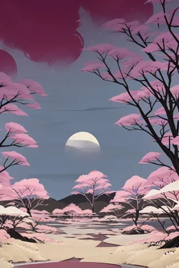 a land scape of Japanese garden, big moon, black sky, starlight night , surrounded by cherry blossom trees, cel shading