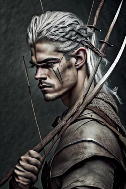 gladiator gray hair young medieval man with a longbow